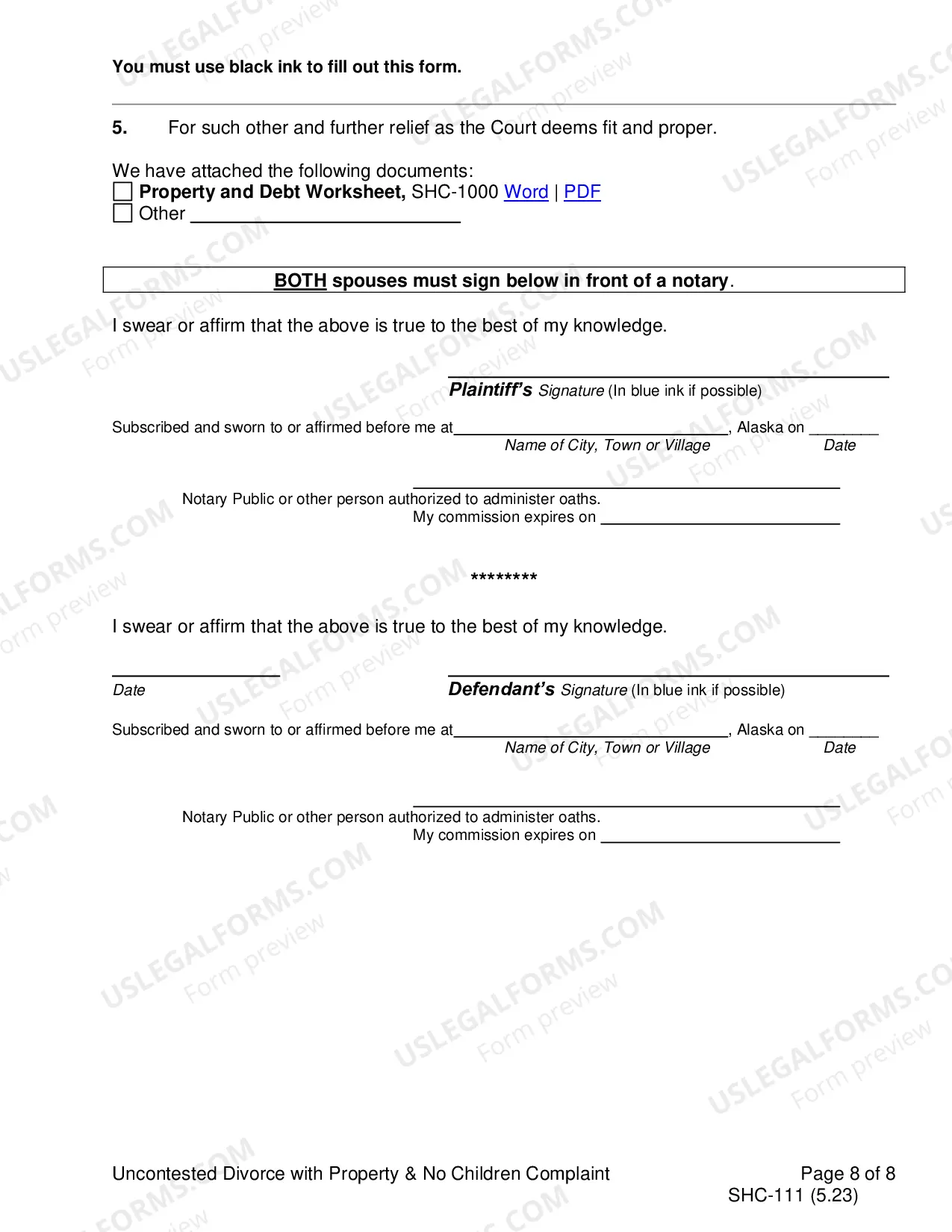 Preview Uncontested Complaint for Divorce Without Children, SHC-111