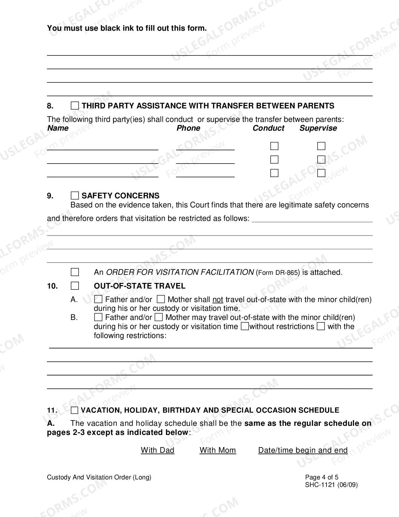 Preview Custody & Visitation Order (long), SHC-1121
