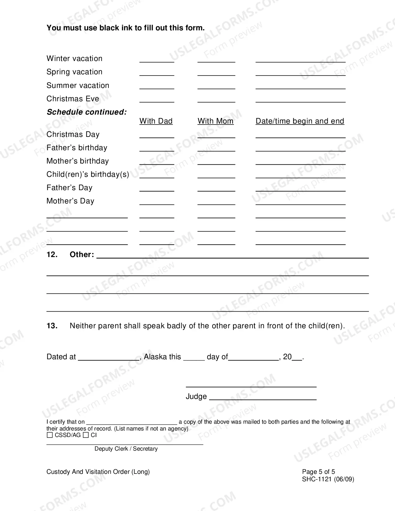 Preview Custody & Visitation Order (long), SHC-1121
