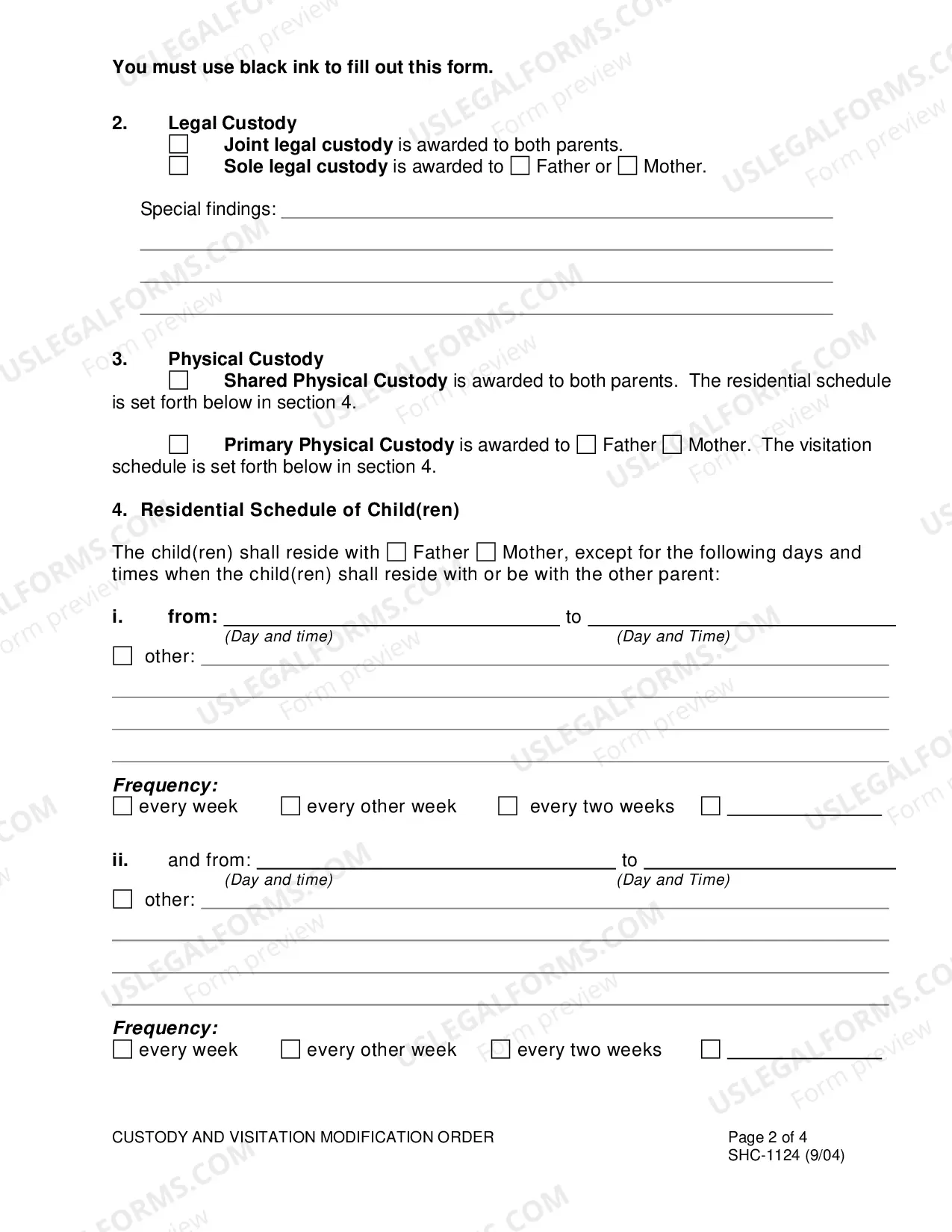 Preview Post-Judgment Order for Modification of Custody and Visitation, SHC-1124