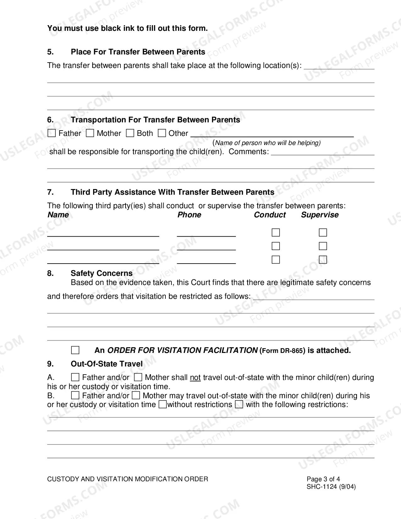 Preview Post-Judgment Order for Modification of Custody and Visitation, SHC-1124