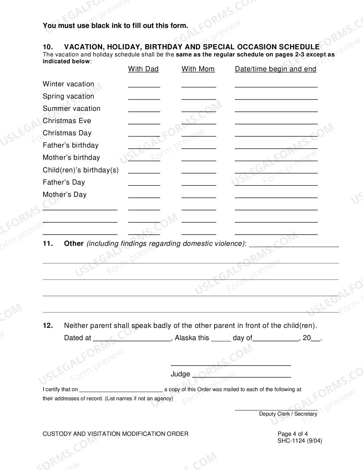 Preview Post-Judgment Order for Modification of Custody and Visitation, SHC-1124