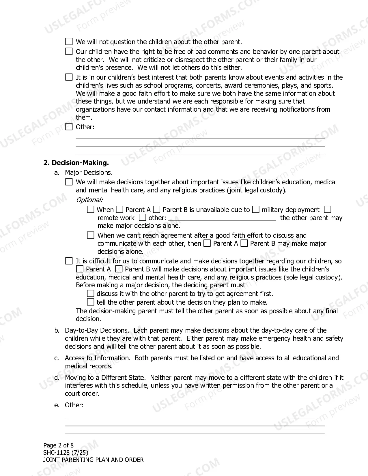 Preview Parenting Plan Agreement & Order, SHC-1128
