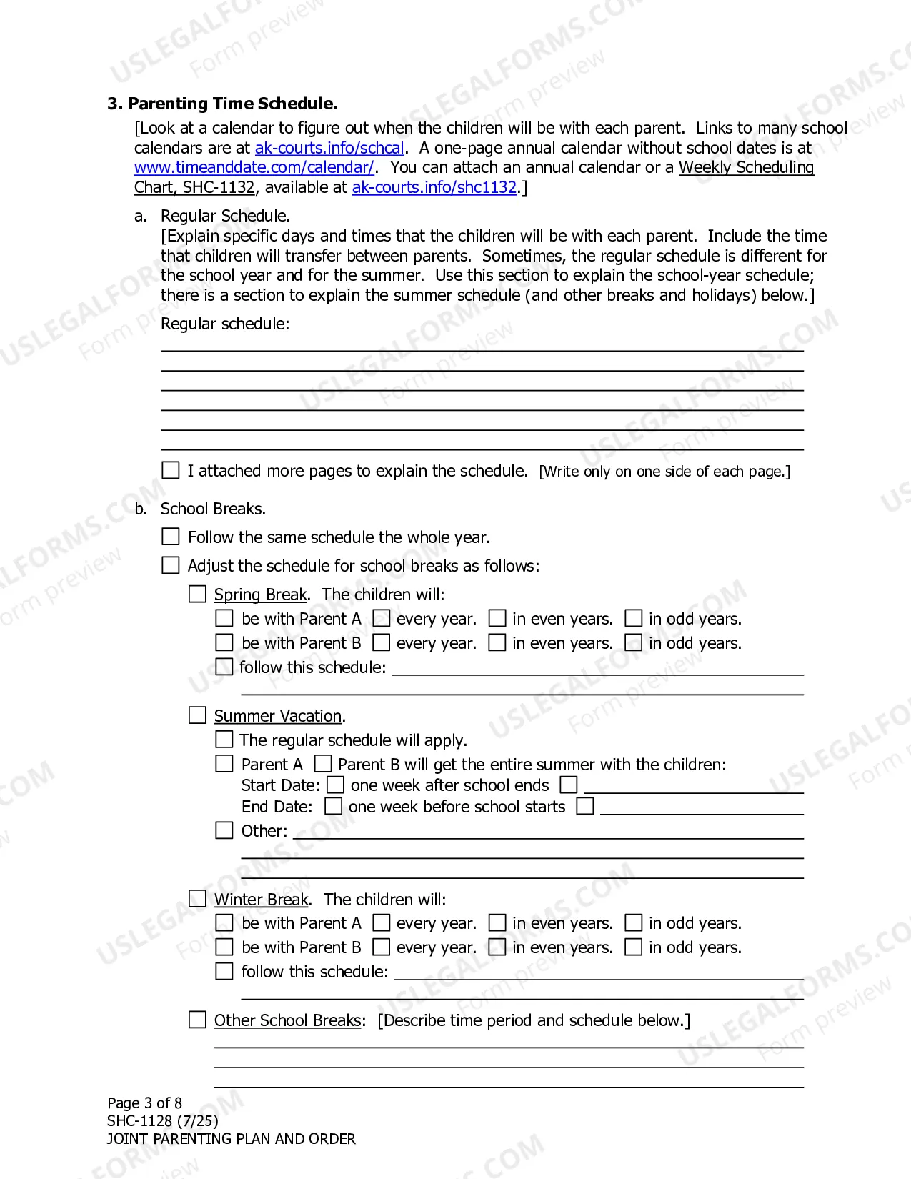 Preview Parenting Plan Agreement & Order, SHC-1128