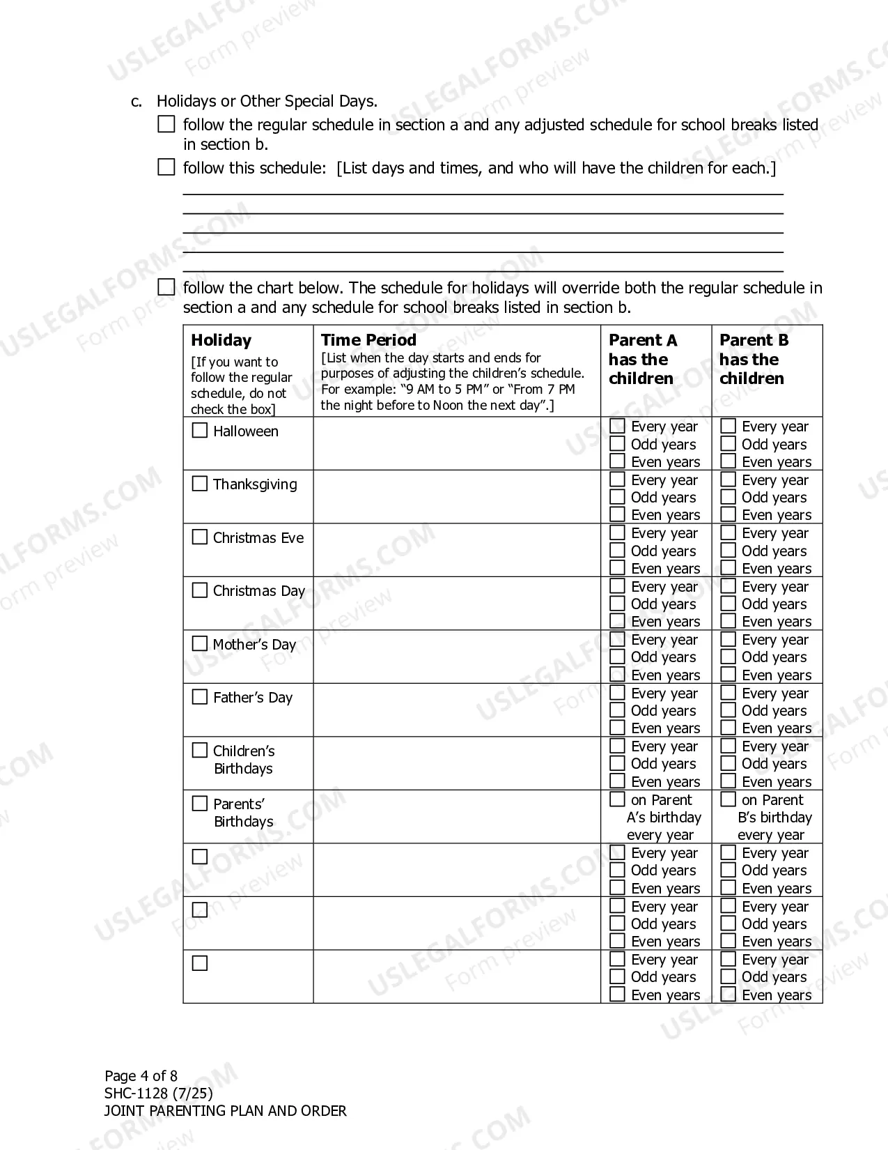 Preview Parenting Plan Agreement & Order, SHC-1128