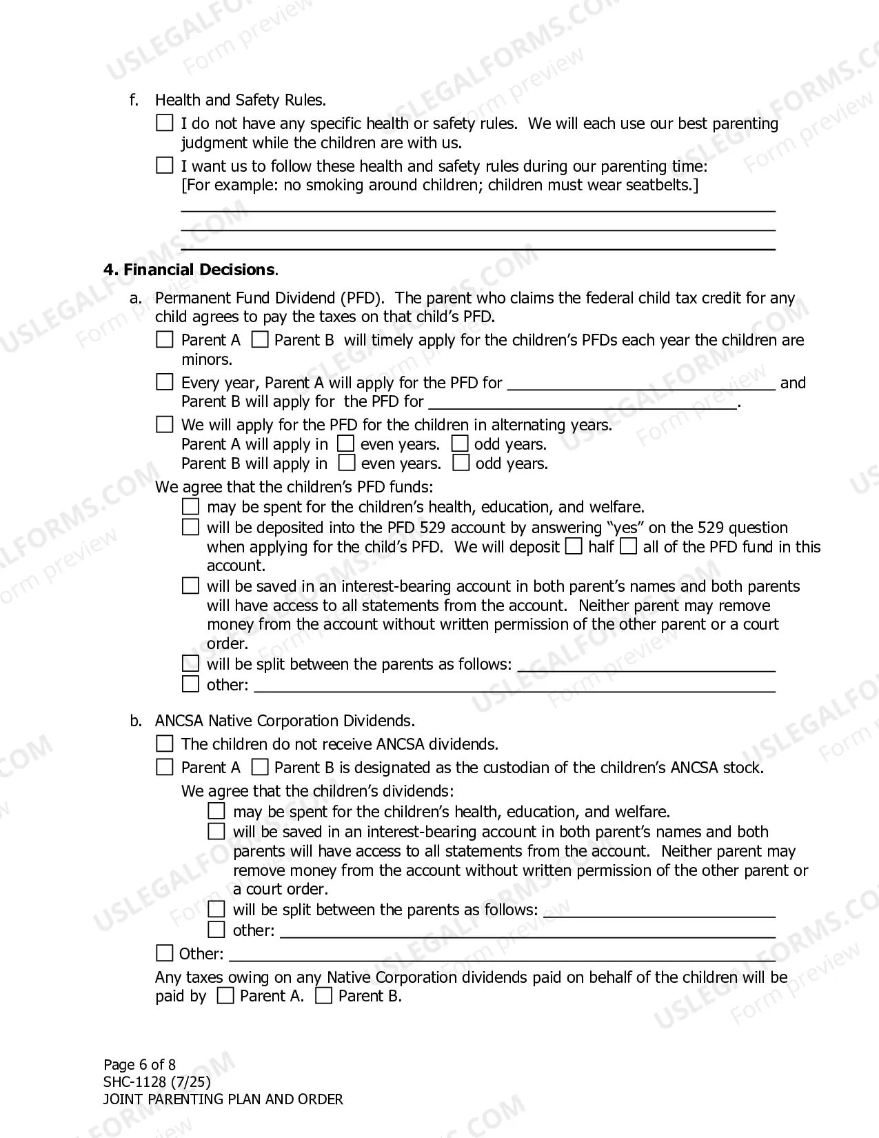 Preview Parenting Plan Agreement & Order, SHC-1128