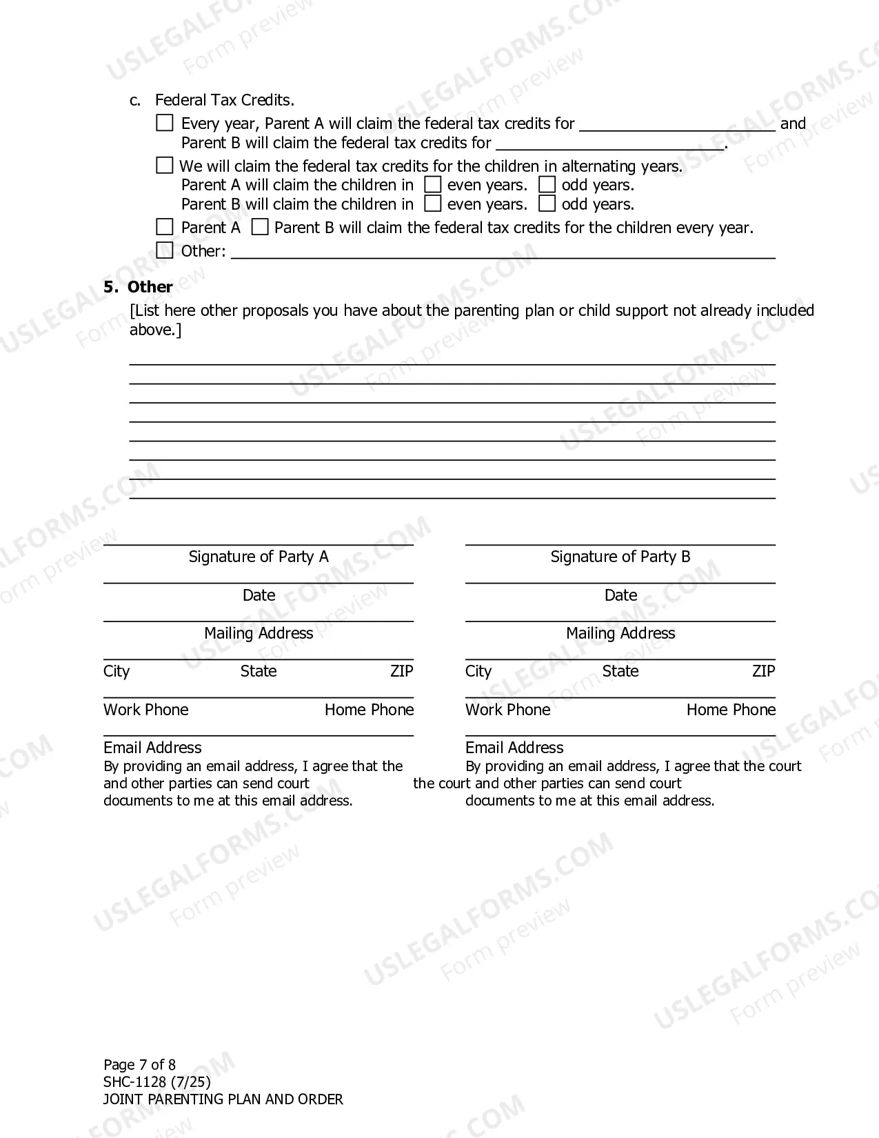 Preview Parenting Plan Agreement & Order, SHC-1128