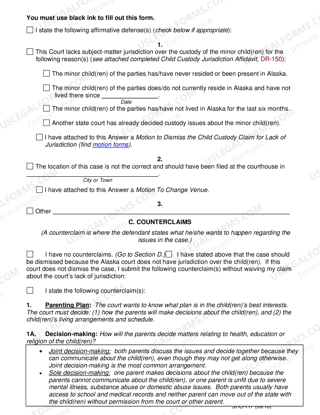 Preview Answer & Counterclaim to a Custody Complaint, SHC-117