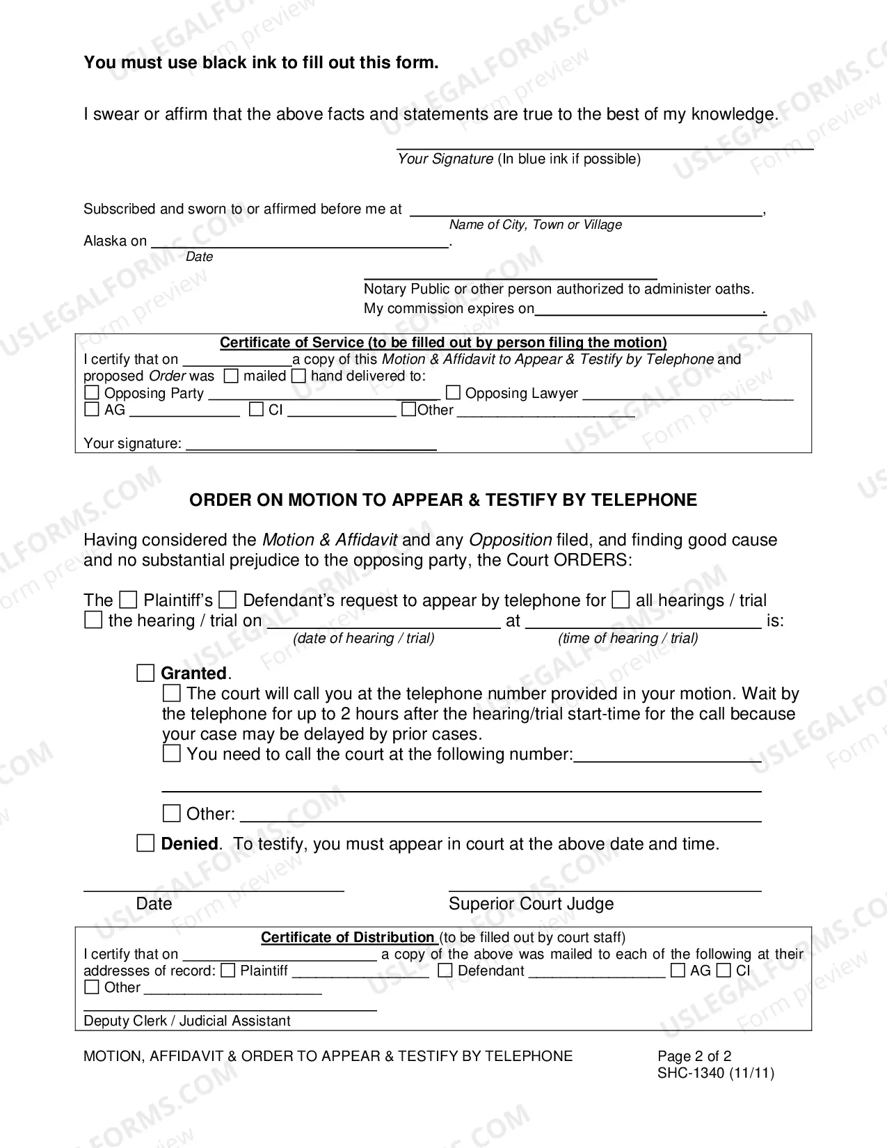 Preview Motion, Affidavit & Order to Appear & Testify By Telephone, SHC-1340