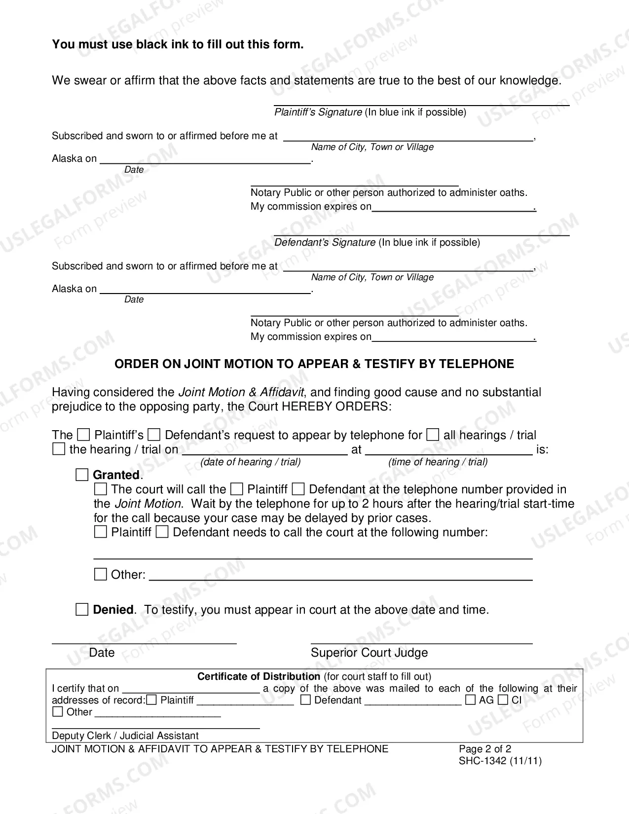 Preview Joint Motion, Affidavit & Order to Appear and Testify by Telephone, SHC-1342