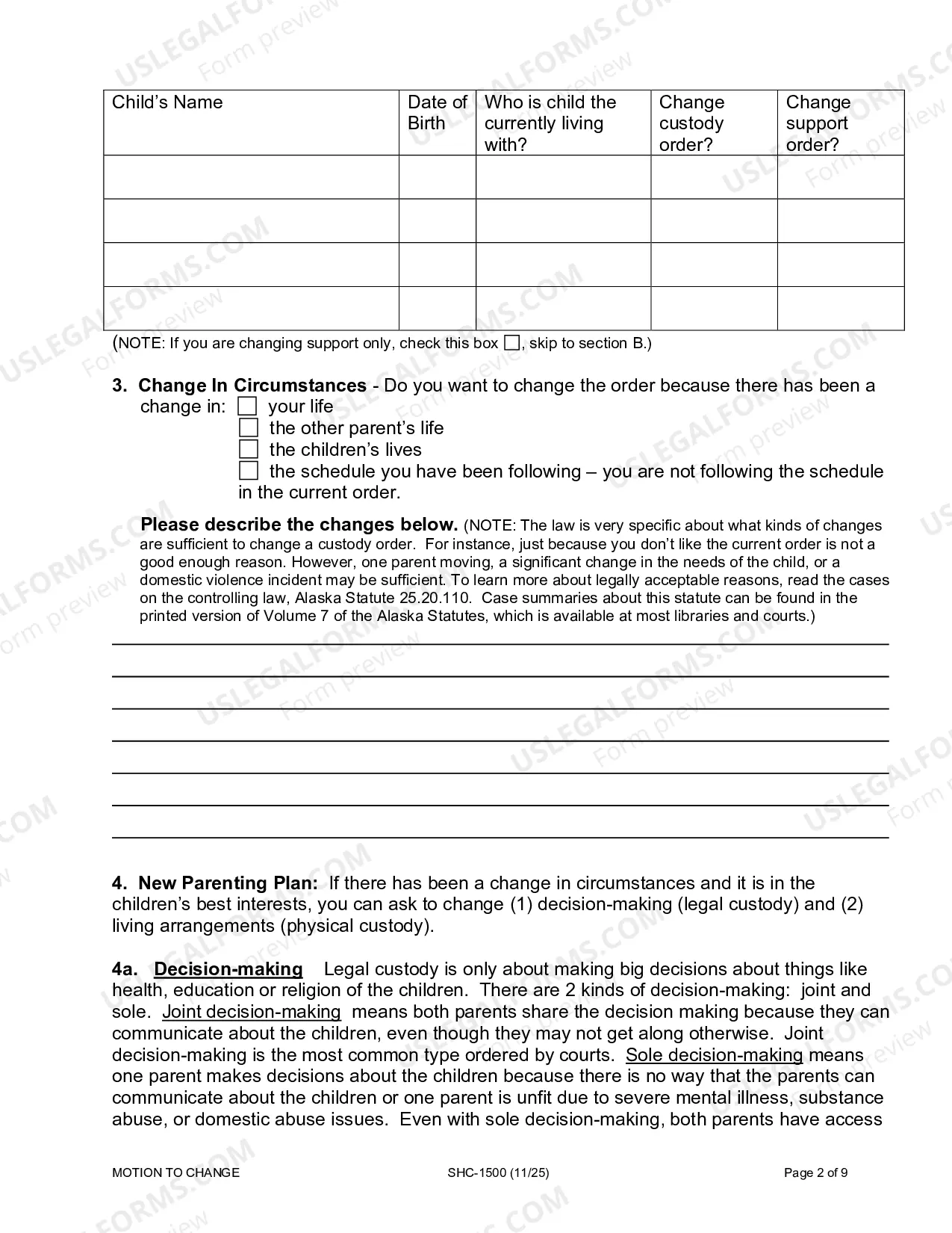 Preview Motion & Affidavit to Modify Custody, Visitation and/or Child Support, SHC-1500