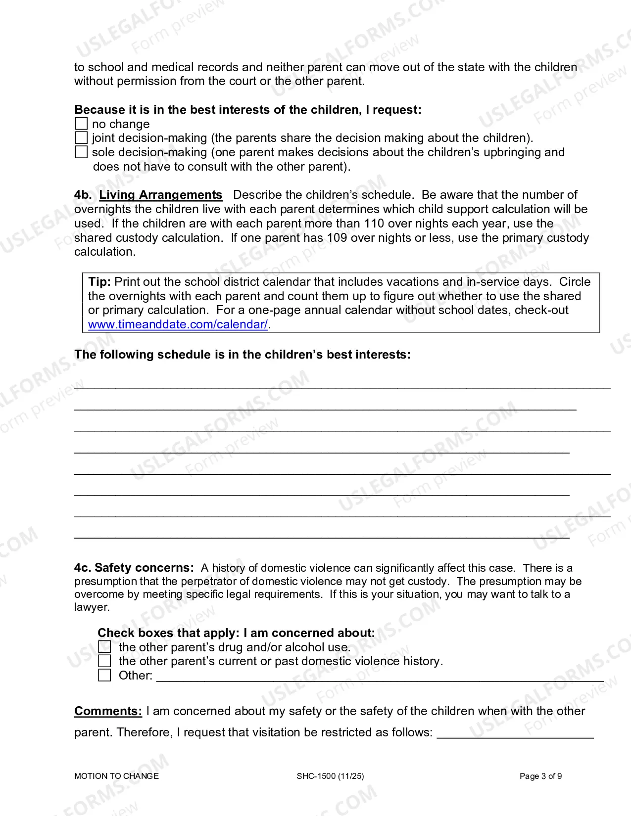 Preview Motion & Affidavit to Modify Custody, Visitation and/or Child Support, SHC-1500