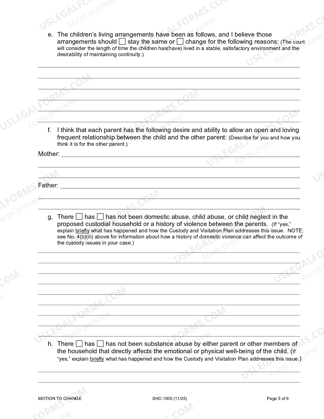 Preview Motion & Affidavit to Modify Custody, Visitation and/or Child Support, SHC-1500