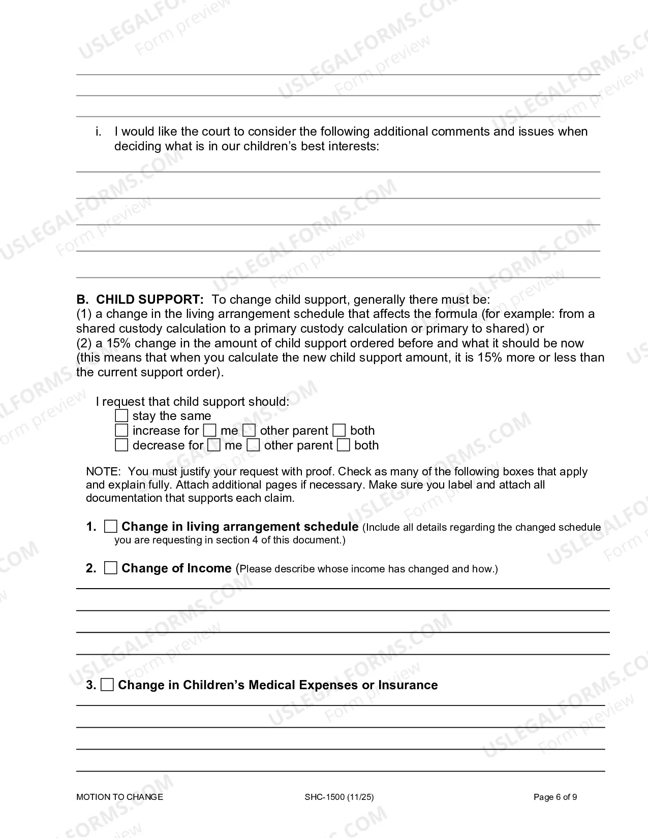 Preview Motion & Affidavit to Modify Custody, Visitation and/or Child Support, SHC-1500