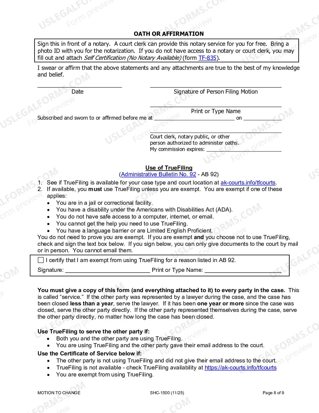 Preview Motion & Affidavit to Modify Custody, Visitation and/or Child Support, SHC-1500