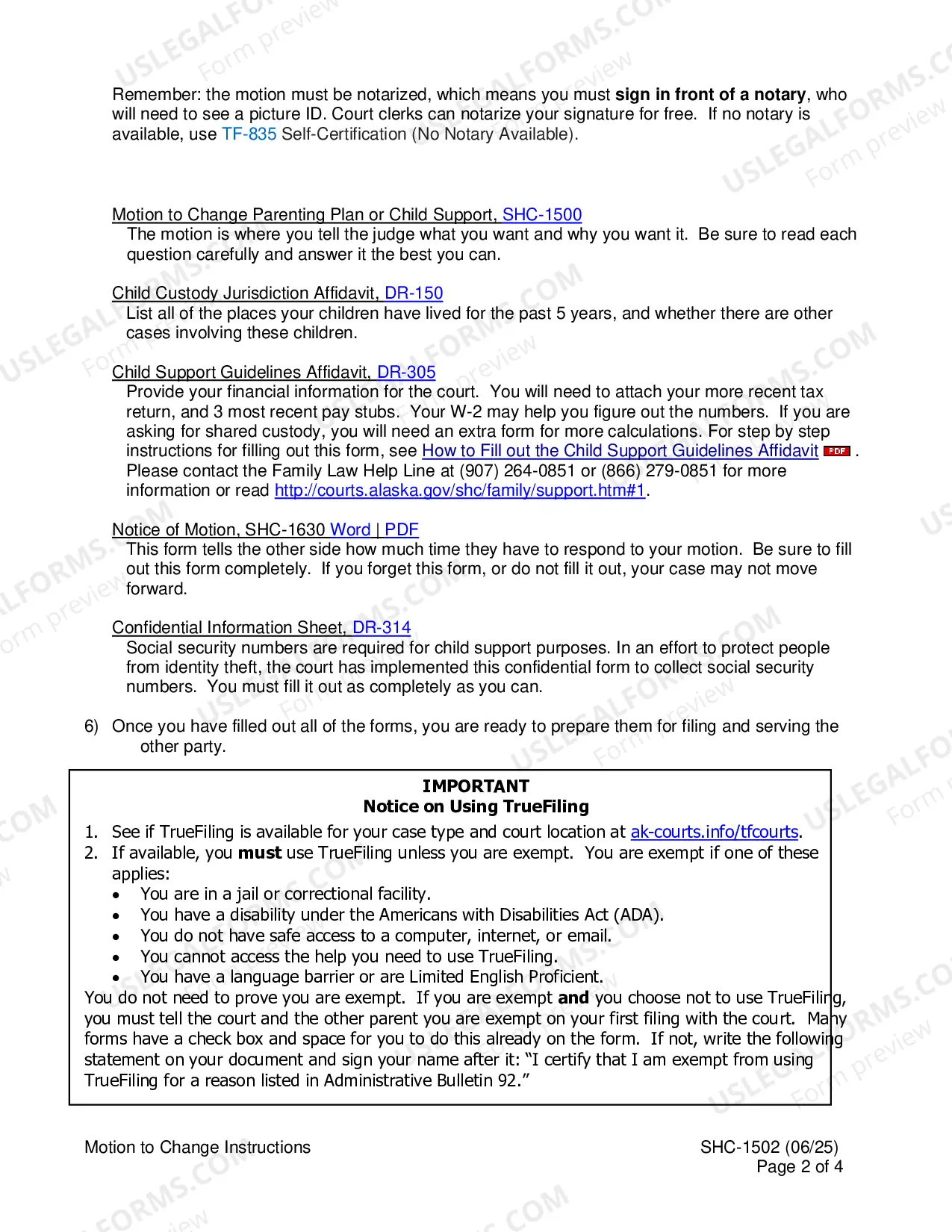 Preview Instructions for Motion to Modify Custody, Visitation and/or Child Support, SHC-1502