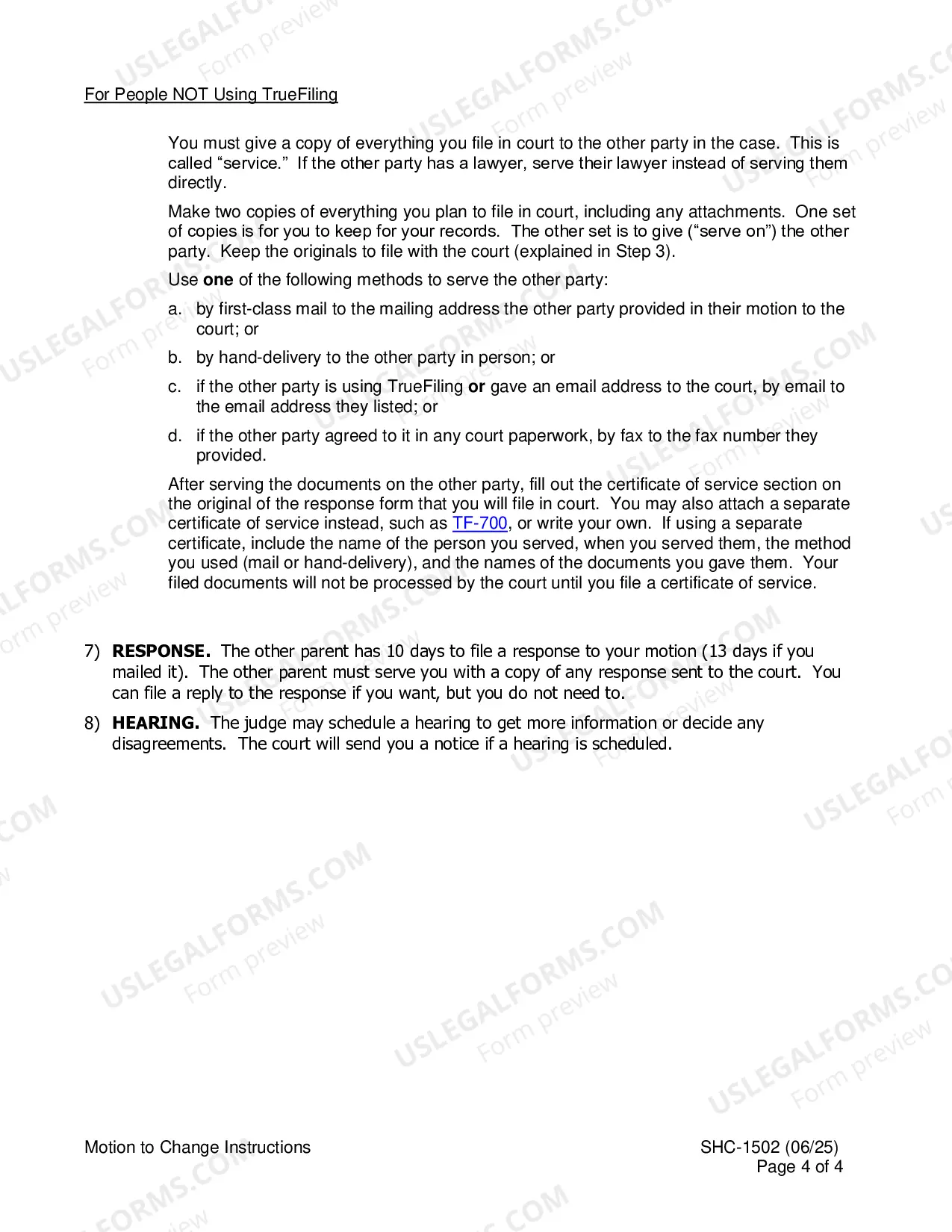 Preview Instructions for Motion to Modify Custody, Visitation and/or Child Support, SHC-1502