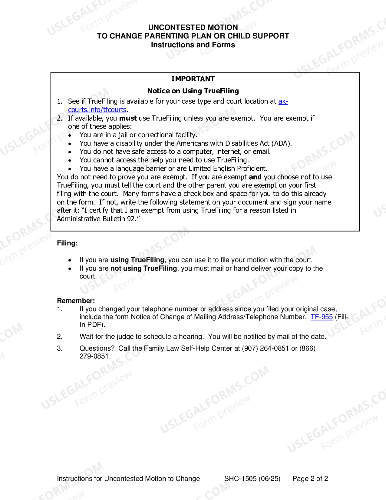 Preview Instructions for Uncontested Modifications, SHC-1505