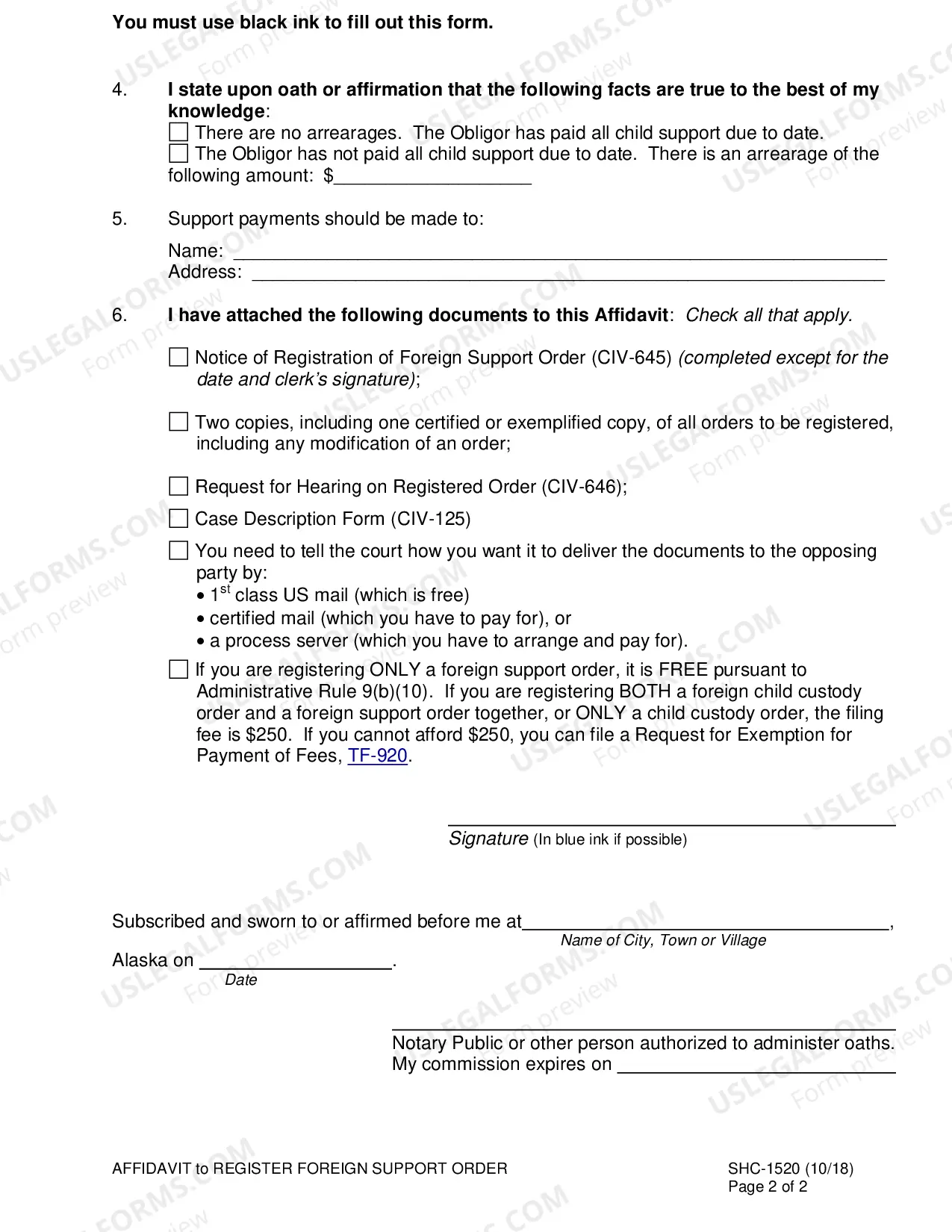 Preview Affidavit to register a Foreign Support Order for Enforcement, SHC-1520