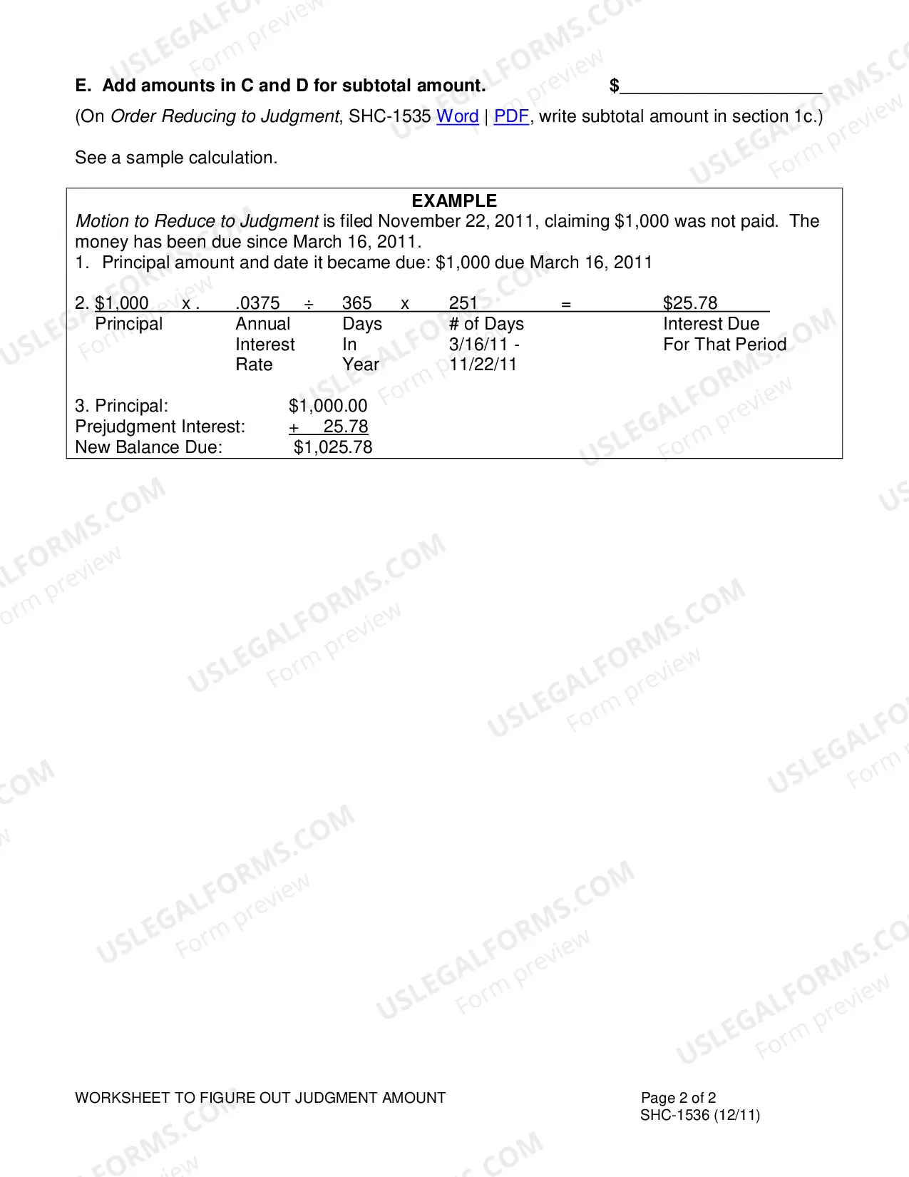 Preview Worksheet - Figure out Judgment Amount, SHC-1536