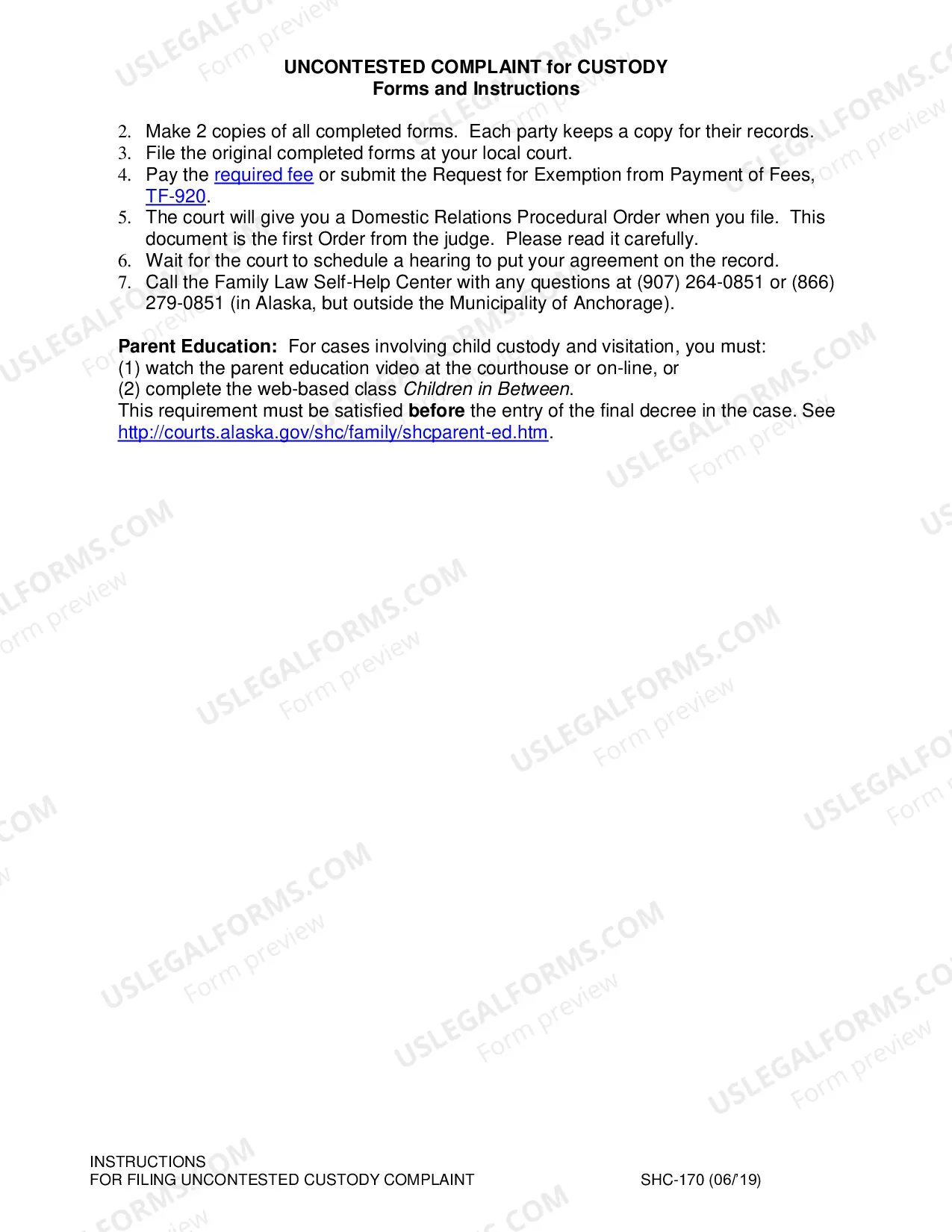 Preview Uncontested Complaint for Custody Instructions, SHC-170