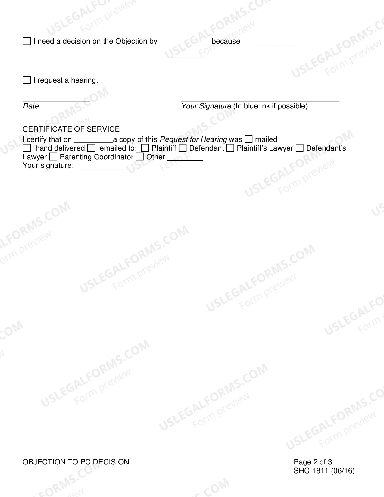 Preview Objection to Parenting Coordinator Decision, SHC-1811 Fill-In PDF | Word
