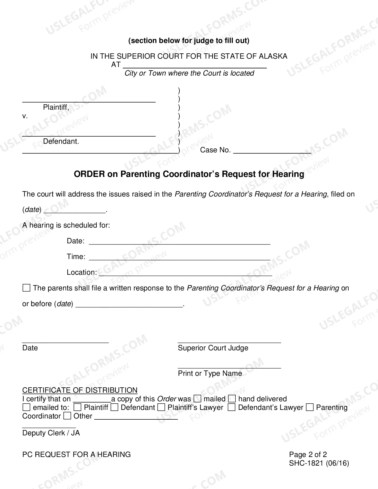 Preview Parenting Coordinator Request for Hearing, SHC-1821 Fill-In PDF | Word