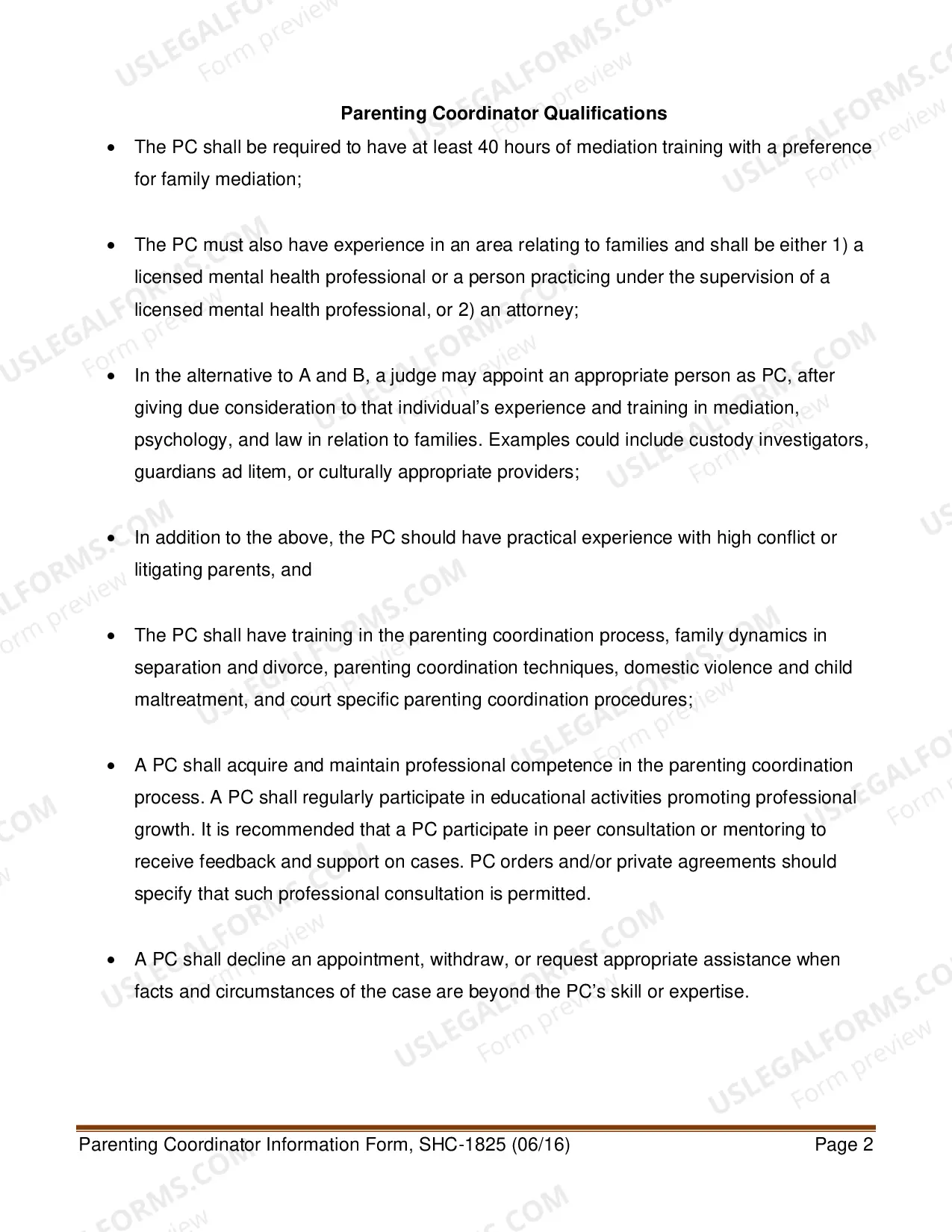 Preview Parenting Coordinator Information Form and Qualifications, SHC-1825 Fill-In PDF | Word