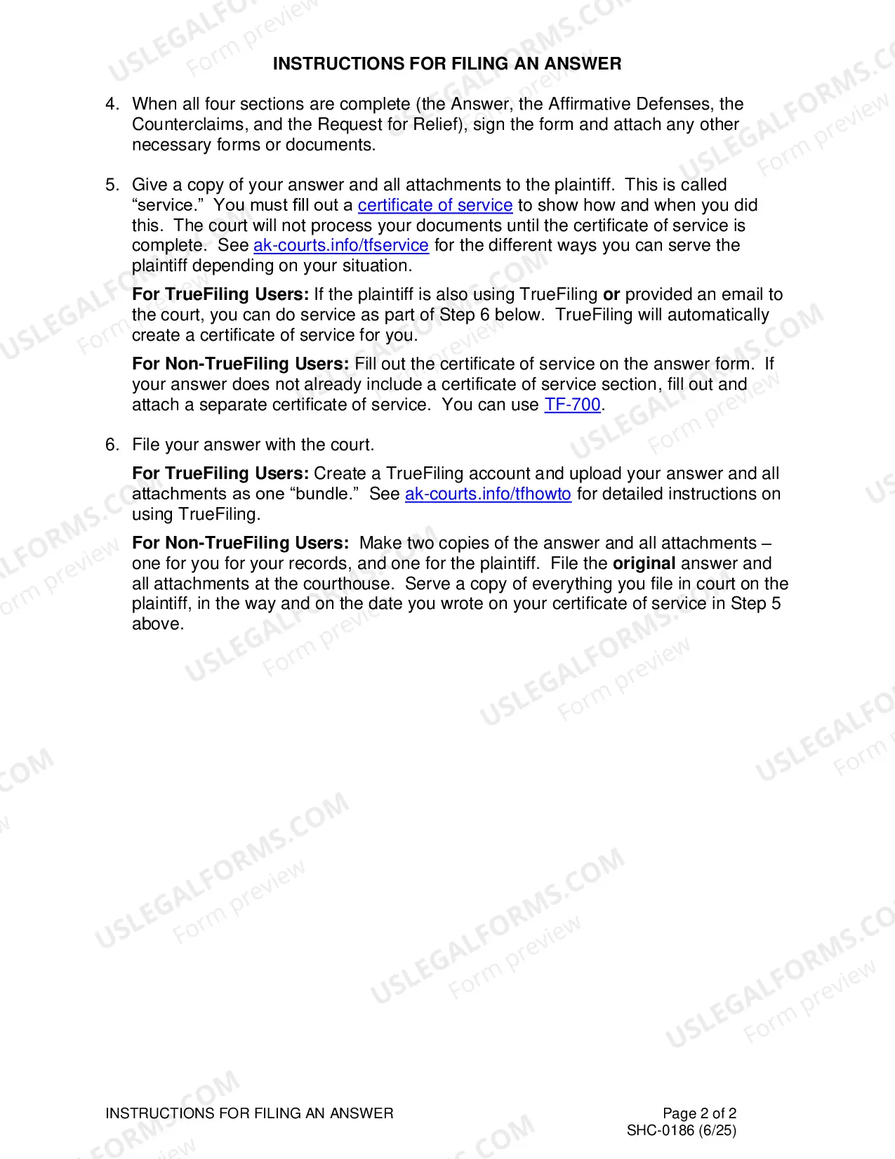 Preview Instructions on Answering a Complaint, SHC-186