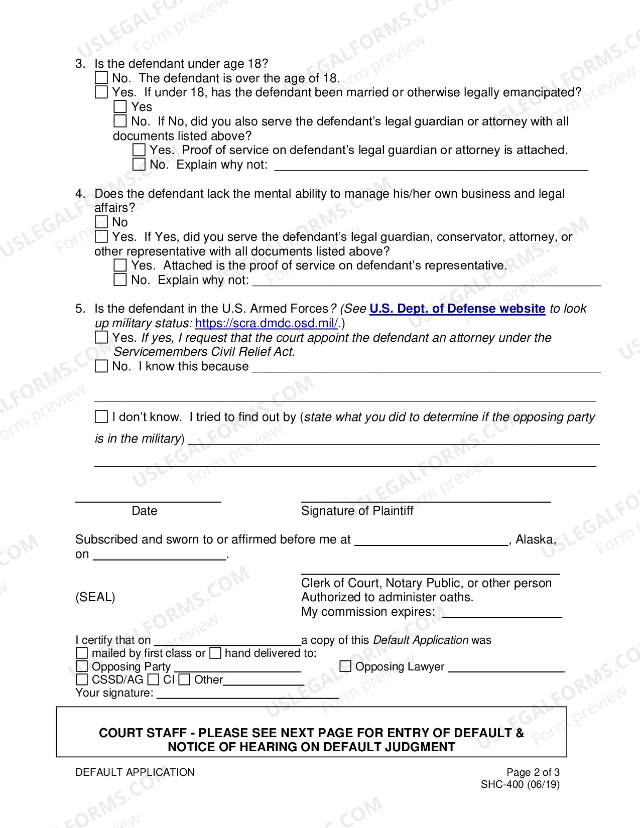 Preview Default Application for either Divorce or Custody, SHC-400