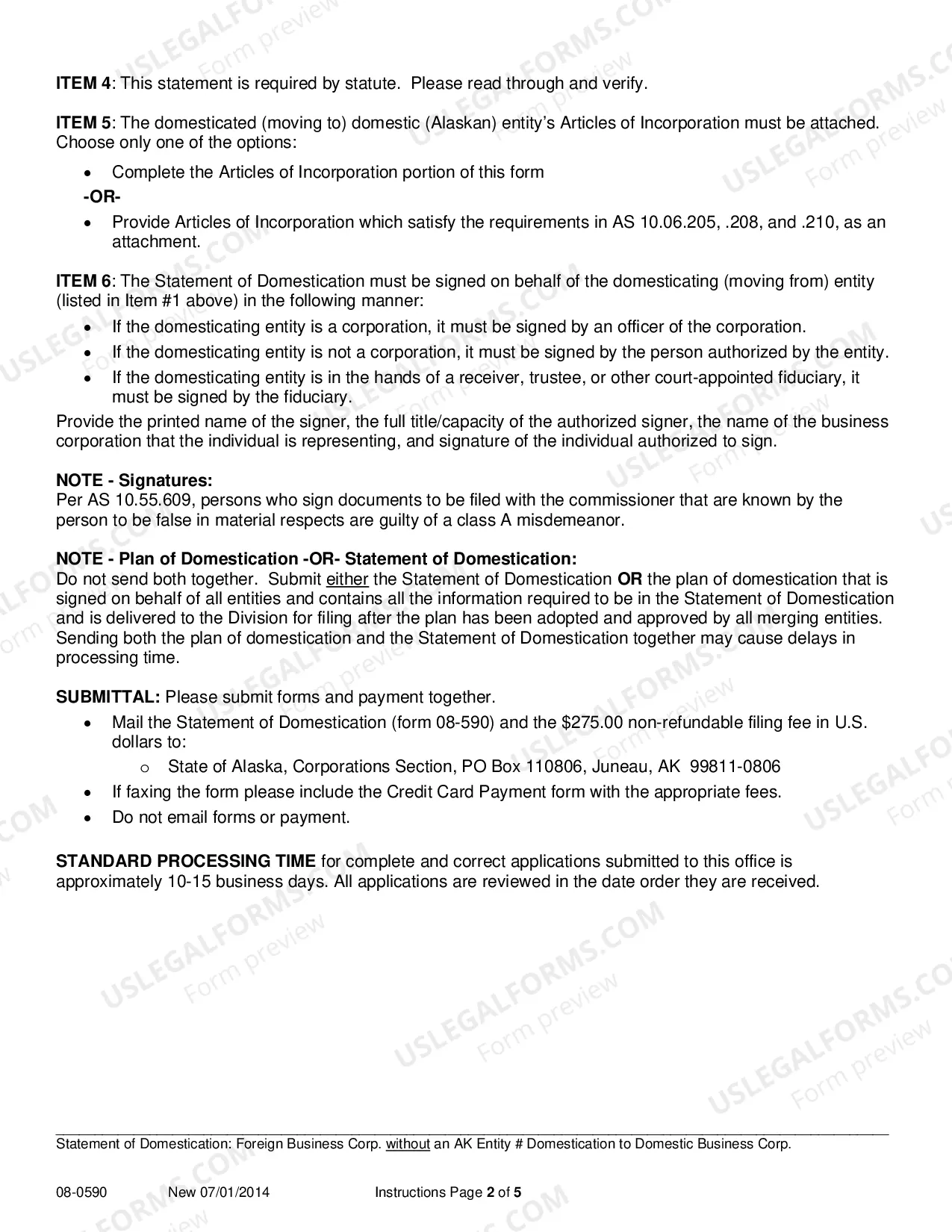 Preview Statement of Domestication - Foreign Corporation without AK Entity Number Domesticating to Domestic Business Corporation