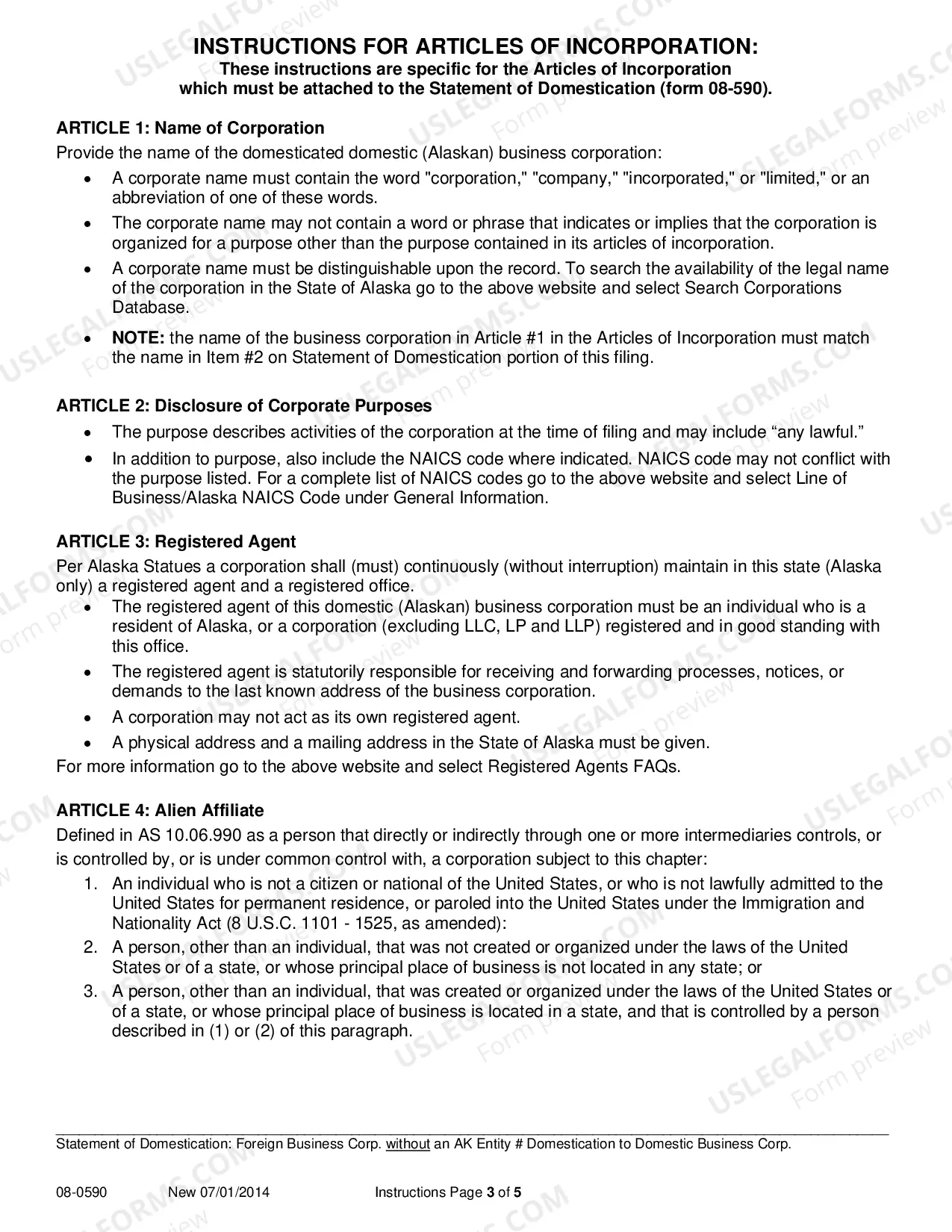Preview Statement of Domestication - Foreign Corporation without AK Entity Number Domesticating to Domestic Business Corporation