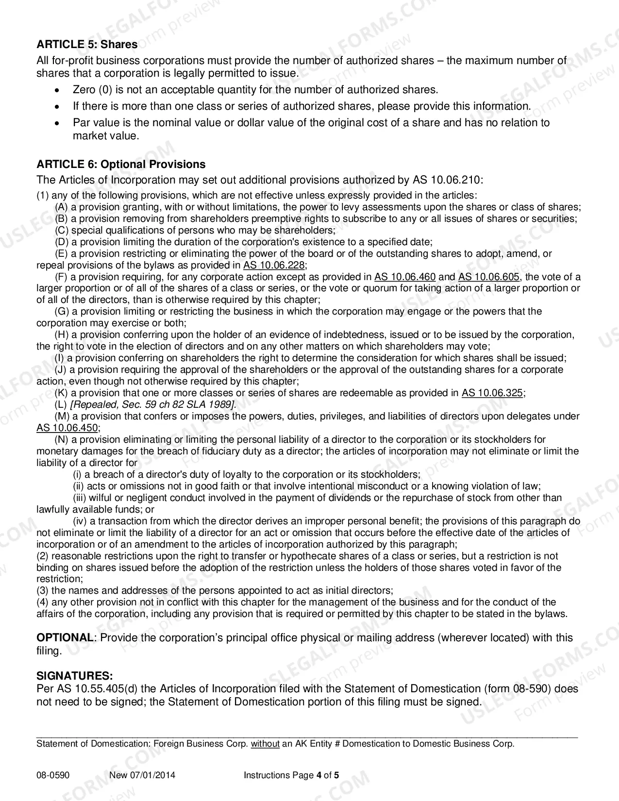 Preview Statement of Domestication - Foreign Corporation without AK Entity Number Domesticating to Domestic Business Corporation