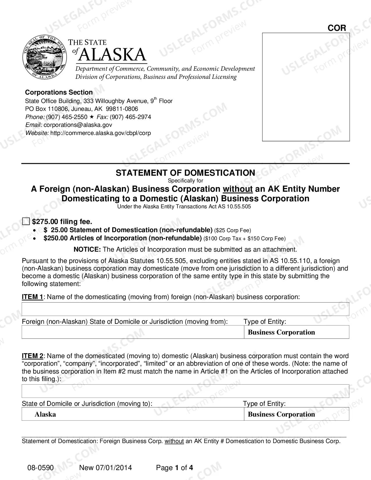 Preview Statement of Domestication - Foreign Corporation without AK Entity Number Domesticating to Domestic Business Corporation