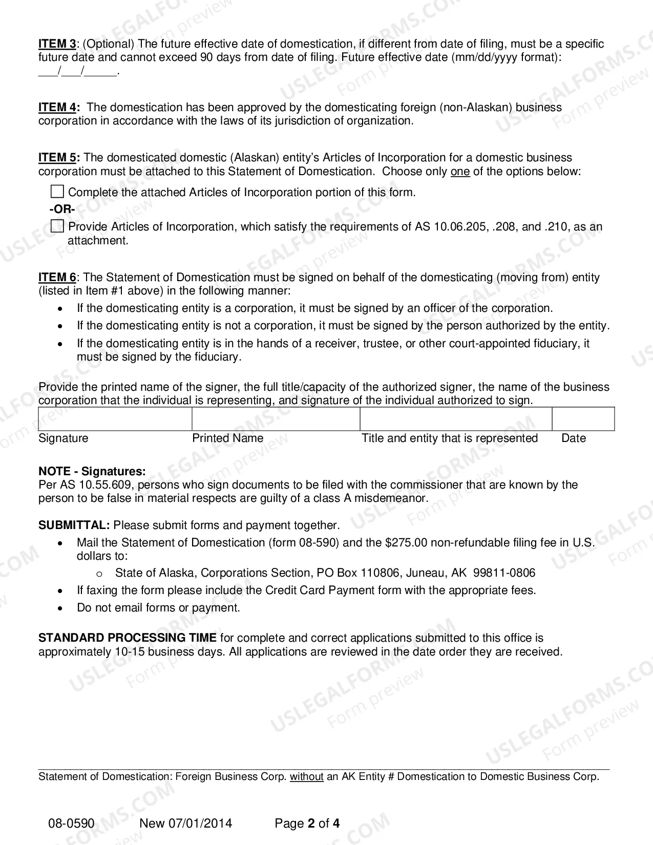 Preview Statement of Domestication - Foreign Corporation without AK Entity Number Domesticating to Domestic Business Corporation