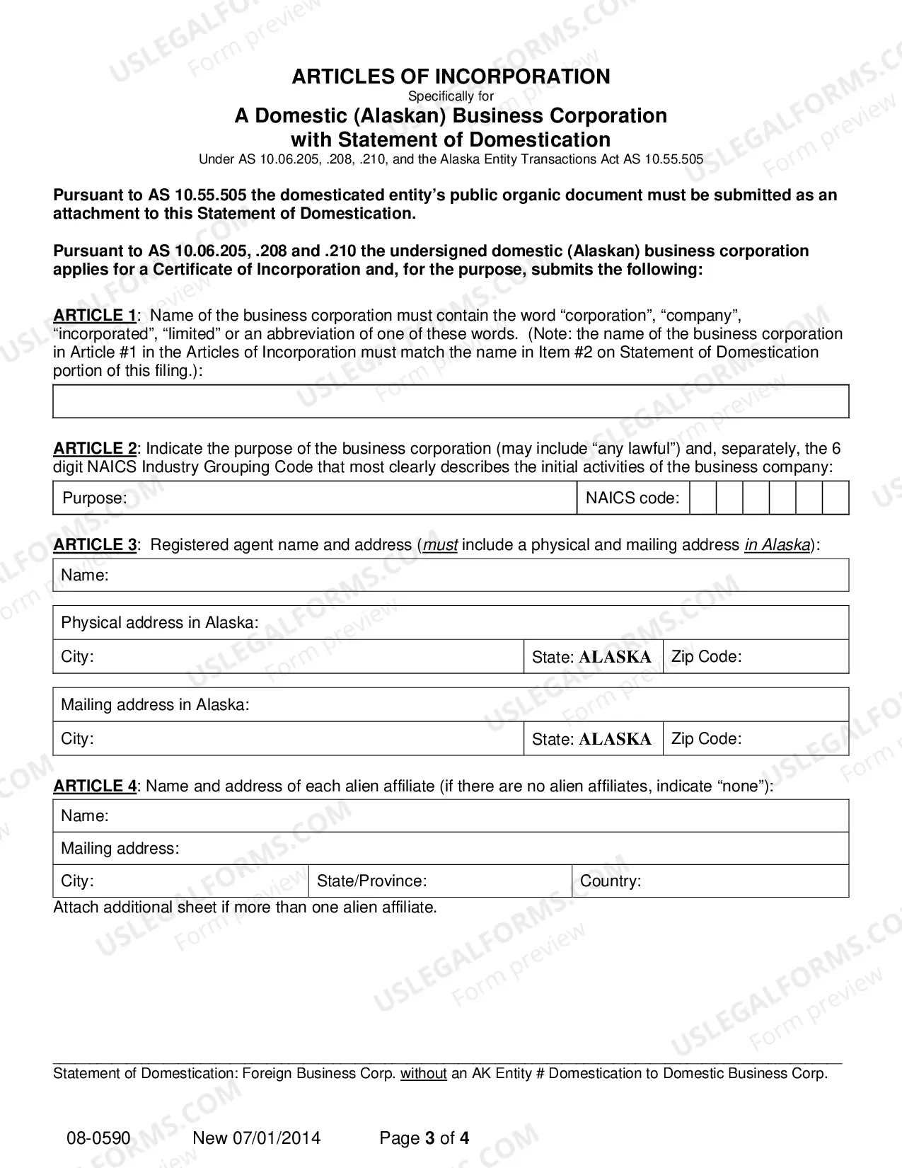 Preview Statement of Domestication - Foreign Corporation without AK Entity Number Domesticating to Domestic Business Corporation