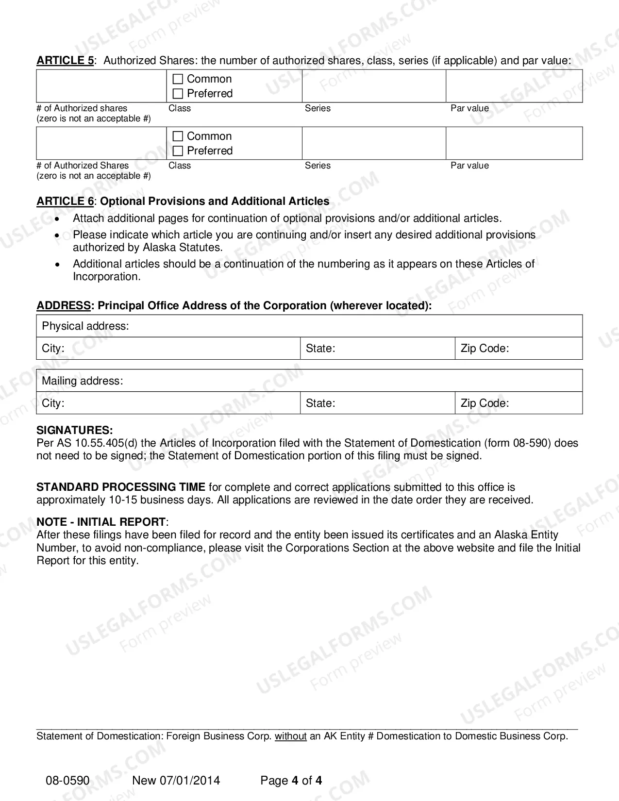 Preview Statement of Domestication - Foreign Corporation without AK Entity Number Domesticating to Domestic Business Corporation