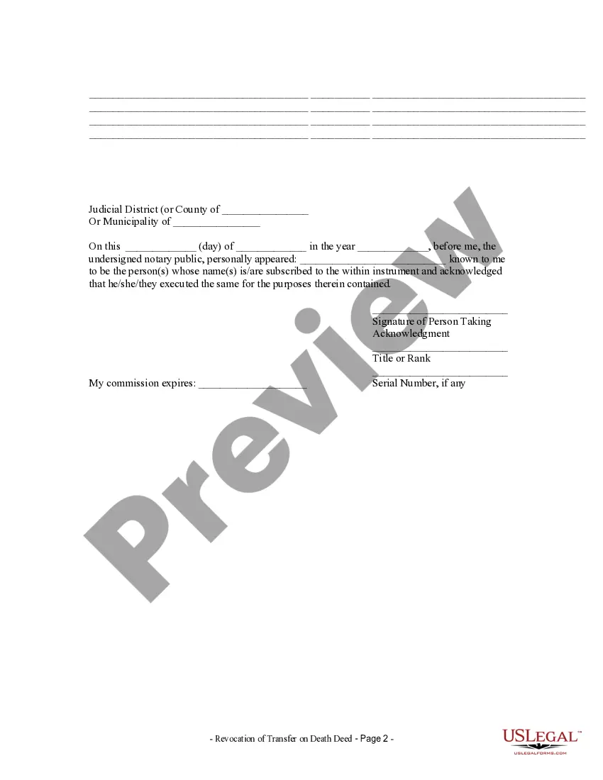 Preview Revocation of Transfer on Death Deed - Beneficiary Deed for One Grantor