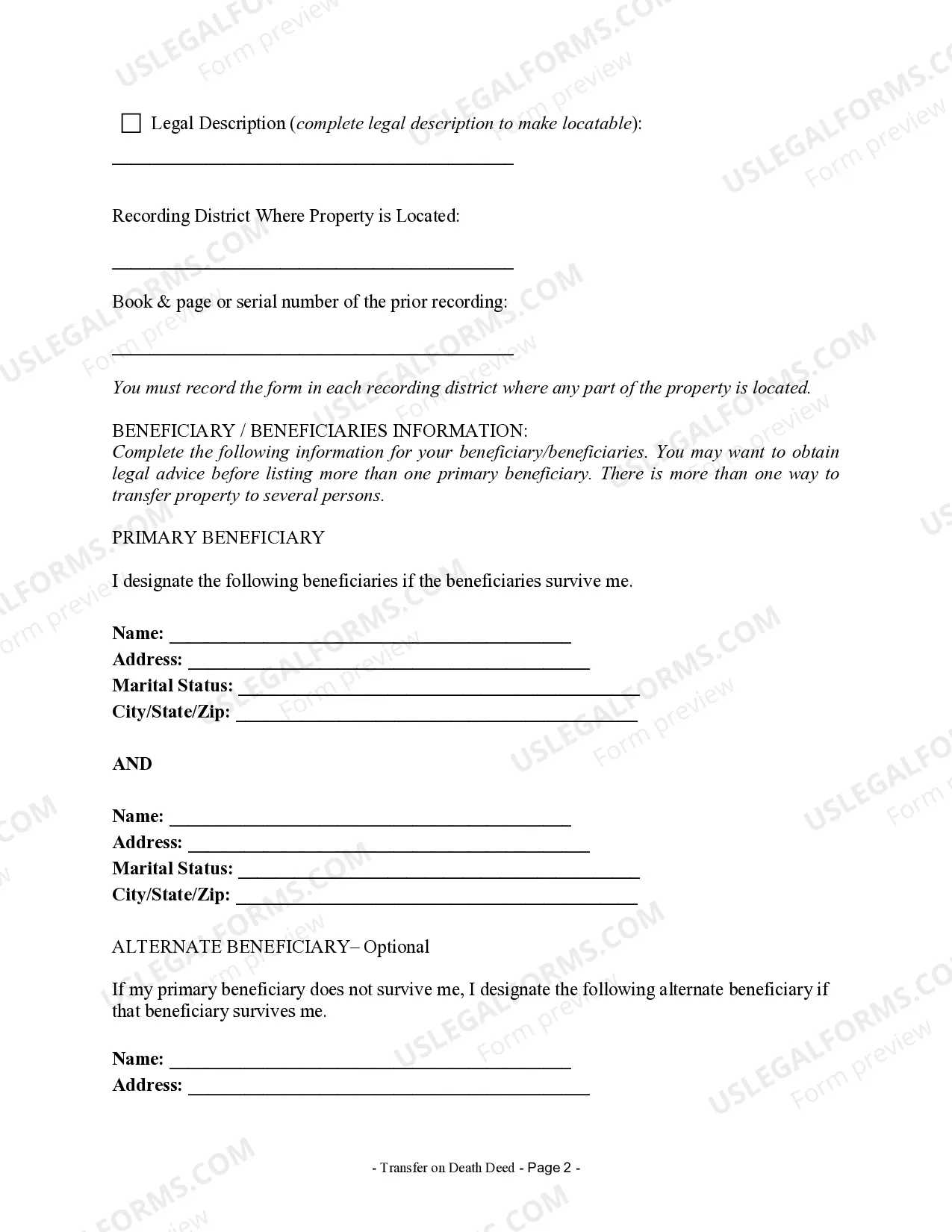 Preview Transfer on Death Deed or TOD - Beneficiary Deed for Individual to Two Individuals