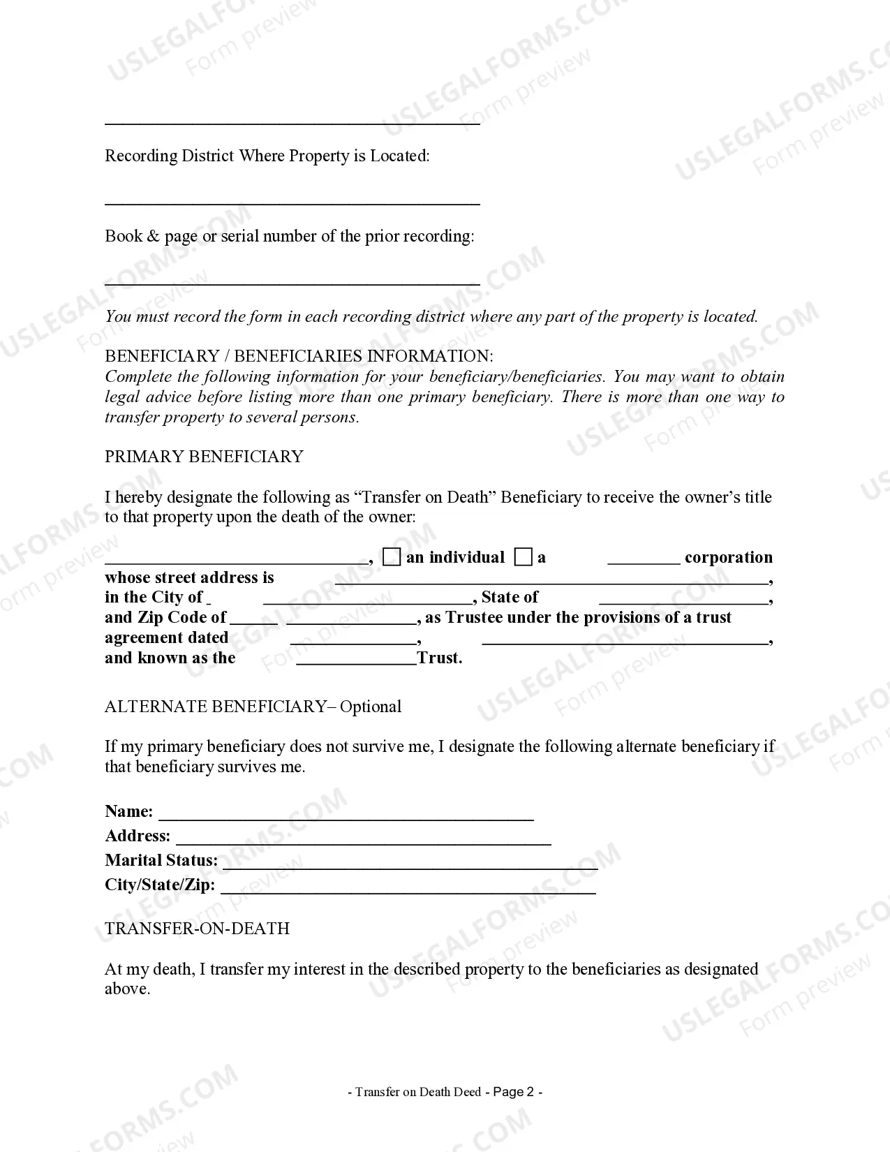 Preview Transfer on Death Deed or TOD - Beneficiary Deed for Individual to a Trust