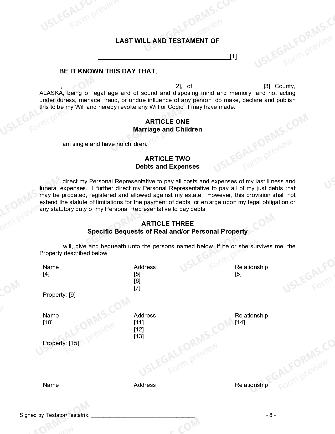 Preview Last Will and Testament for Single Person with No Children