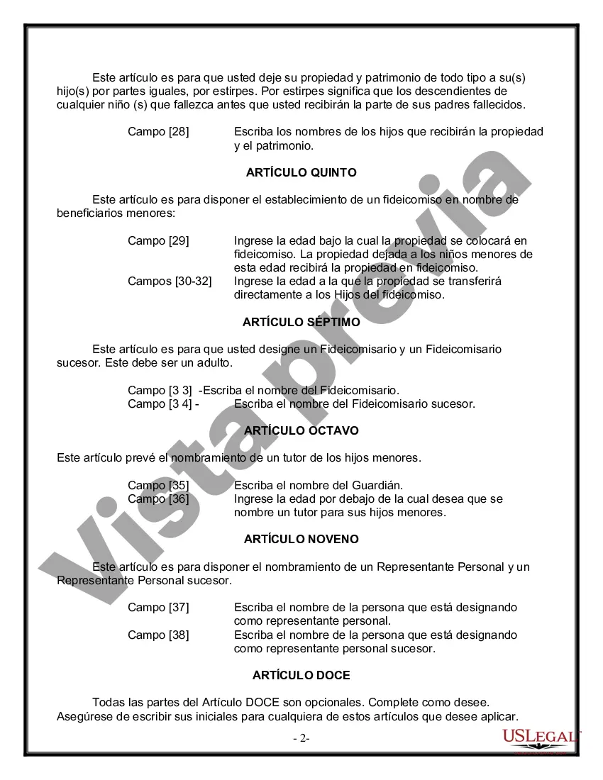 Preview Formulario Legal de Última Voluntad y Testamento para una Persona Soltera con Hijos Menores