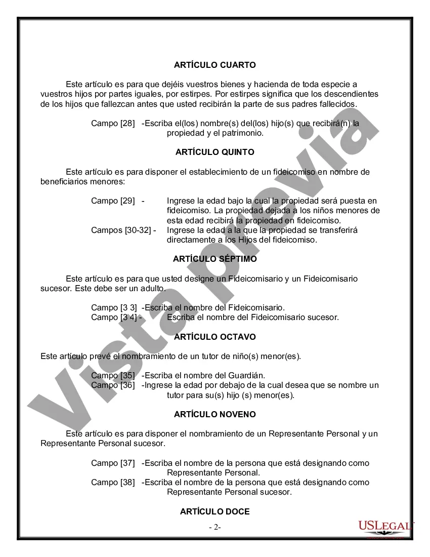 Preview Formulario Legal de Última Voluntad y Testamento para Persona Soltera con Hijos Adultos y Menores