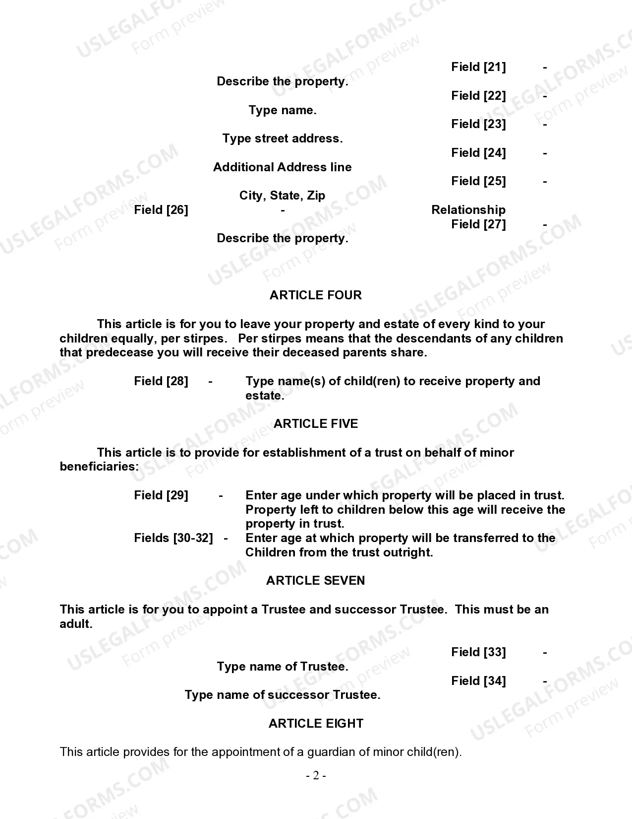 Preview Last Will and Testament for Single Person with Adult and Minor Children