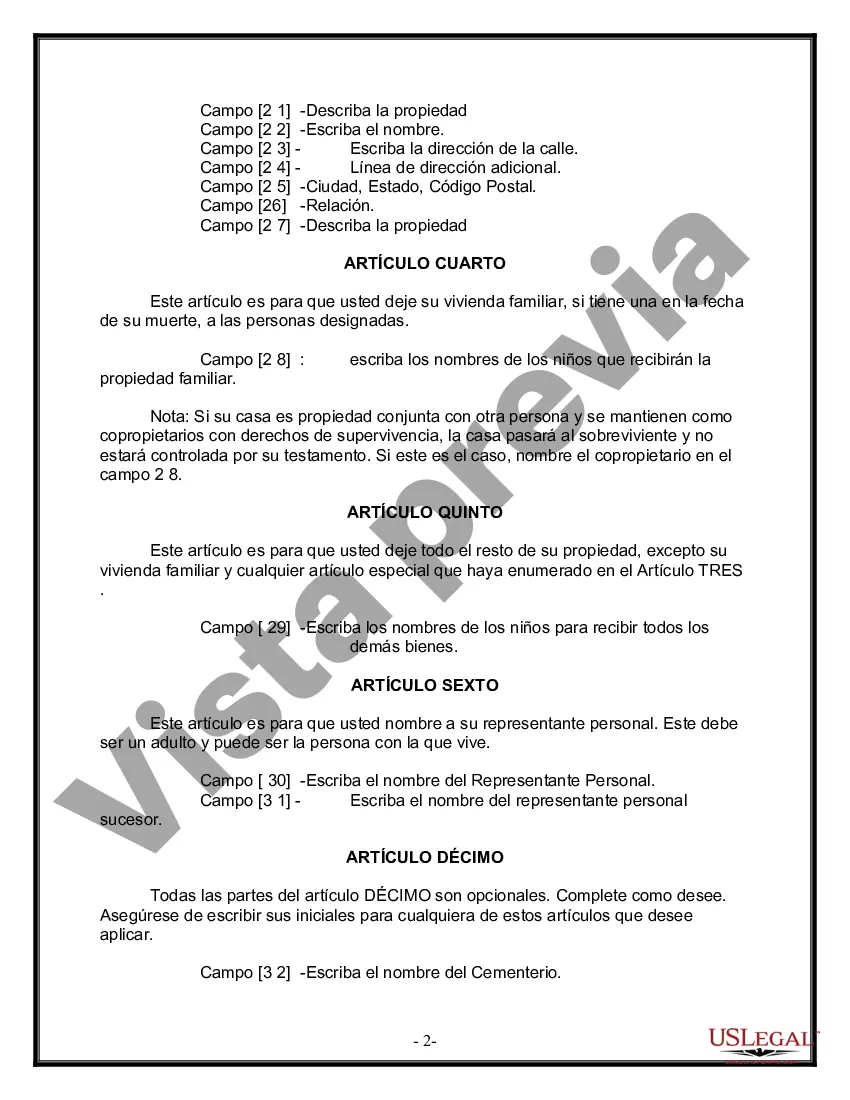 Preview Formulario Legal de Última Voluntad y Testamento para Persona Soltera con Hijos Adultos