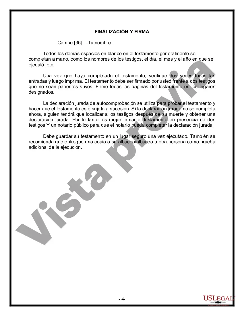 Preview Formulario Legal de Última Voluntad y Testamento para Persona Soltera con Hijos Adultos