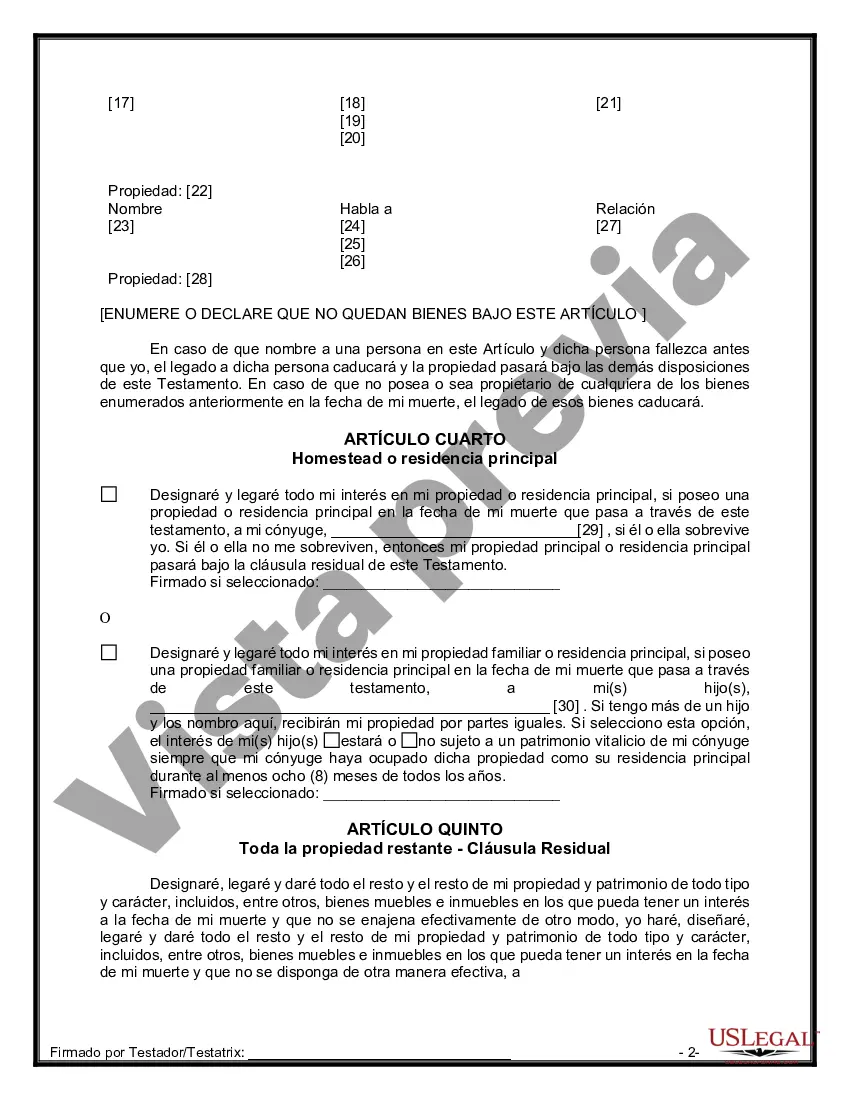 Preview Última voluntad y testamento legal para persona casada con hijos menores de edad de un matrimonio anterior