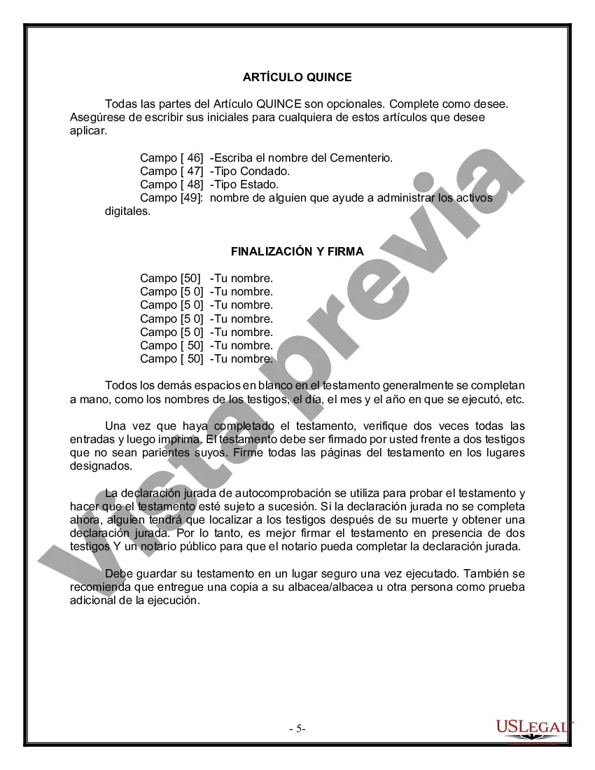 Preview Última voluntad y testamento legal para persona casada con hijos menores de edad de un matrimonio anterior