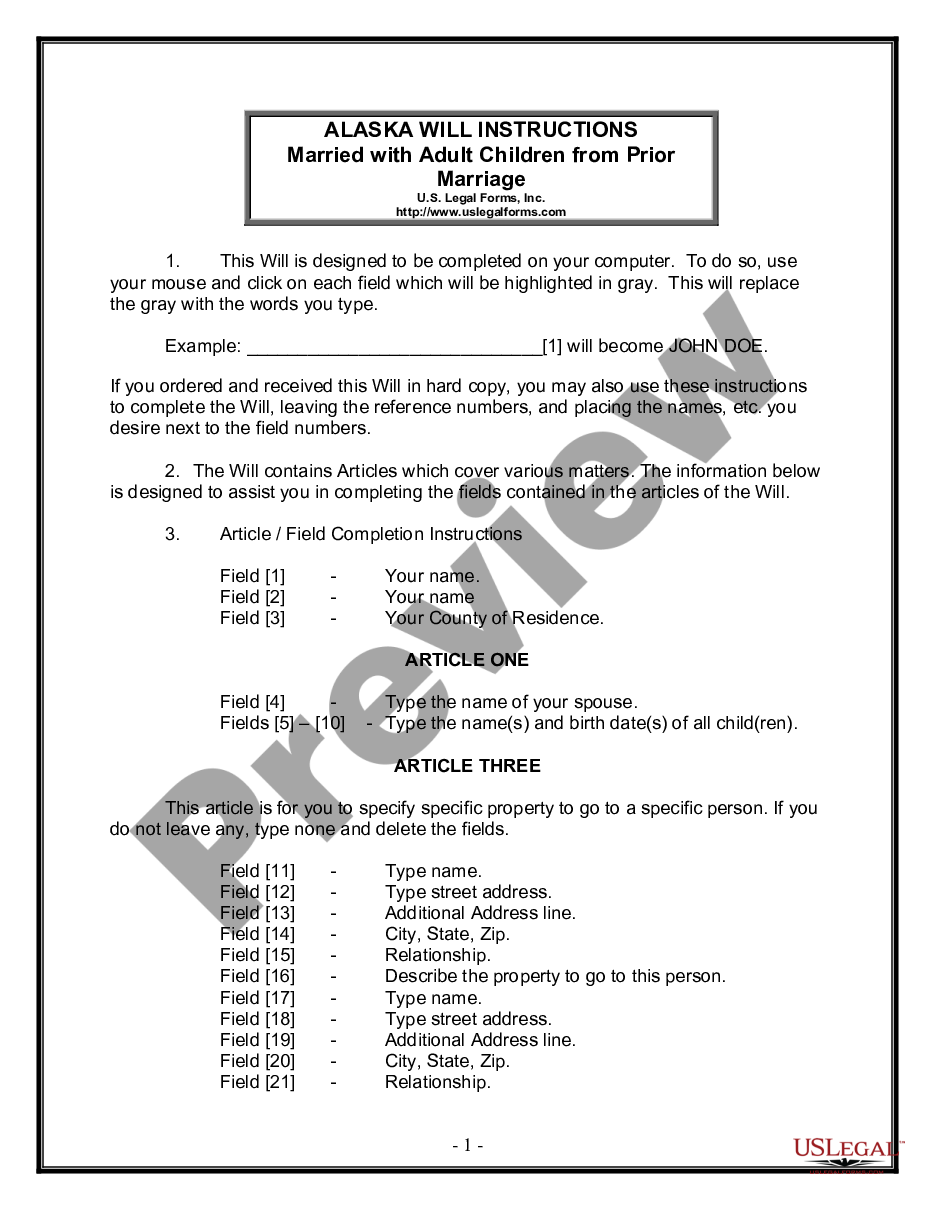 page 0 Legal Last Will and Testament Form for Married person with Adult Children from Prior Marriage preview