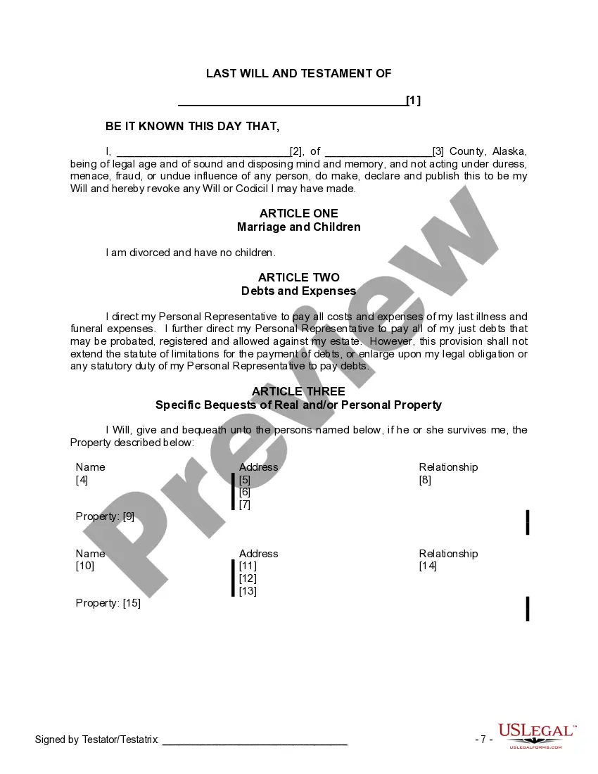 Preview Last Will and Testament for Divorced Person Not Remarried with No Children